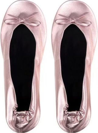 Generic Momolaa UK 5.5 Ladies Roll up Shoesportable Travel Ballet Flat Fold up Pumps After Party Shoes Slipper (with Carrier Pouch) A0_Clearance Rose Gold