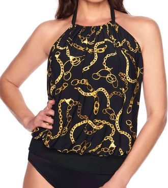 Trimshaper Alicia High Neck Blouson Tankini Top In Chain Gang