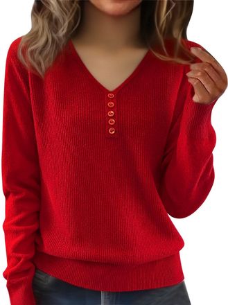 Generic Womens V Neck Long Sleeve Sweater Ribbed Loose Fit Pullover Lightweight Casual Versatile Warm Soft Base Layer Sweatshirt Casual Cable Knitwear Plus Si