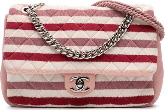 Chanel Borsa a tracolla Jumbo a righe in jersey, feltro e corda con battente 2018-2019 - Bianco