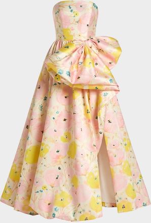 Mac Duggal Floral-Print Mikado Satin Strapless Gown