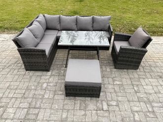 Fimous Rattan Garden Furniture Corner Sofa Set with Dining Table Footstool Armchair Outdoor Wicker Rattan Set in Dark Grey