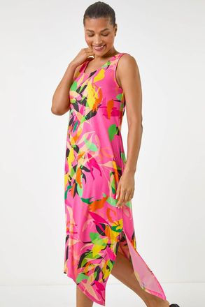 Roman Floral Print Hanky Hem Midi Dress