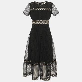 Maje Black Lace Grommet Short Sleeve Midi Dress