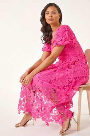 Roman Crochet Lace V-Neck Midi Dress