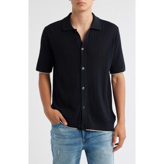 Nn.07 Nalo 6561 Short Sleeve Knit Cotton Button-Up Shirt in Navy Blue at Nordstrom, Size Xx-Large