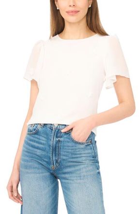 CeCe by Cynthia Steffe Floral Appliqu&eacute; Flutter Sleeve V-Neck Chiffon Top in New Ivory at Nordstrom, Size Xx-Small