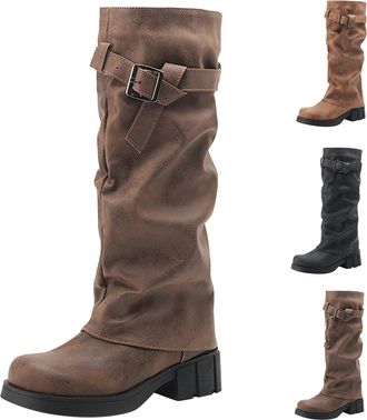 Generic Womens Long Riding Boots Cow Boy Boots Womens Long Suede Chunky Low Block Boot With Buckle Retro Knee-High Boot Tall Cowgirl Booties Comfortable Winte