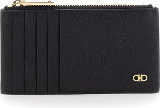 Ferragamo Black Card-holder With Micro Gancini Detail In Hammered Leather Man