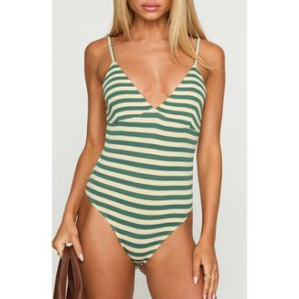Princess Polly Like A Daydream Stripe Tank Bodysuit in Green /Cream at Nordstrom, Size 0