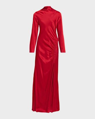 Sally Lapointe Long-Sleeve Double-Face Satin Ruched Tab Gown