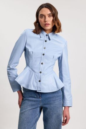 Karen Millen Womens Leather Peplum Buttoned Shirt - Pale Blue - Size 12 UK