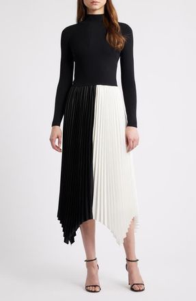 Elie Tahari The Elsa Long Sleeve Mixed Media Midi Dress in Noir/Sky White at Nordstrom, Size X-Small