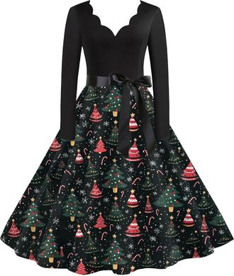 Generic Womens Christmas Dress Long Sleeve V Neck Santa Snowman Snowflake Printed Evening Elegant Cocktail Dress Xmas Costume Swing Dresses Cosplay Outfits Be