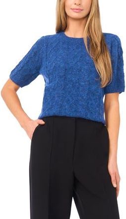 Halogen Fuzzy Cable Stitch Short Sleeve Crewneck Sweater in Mountain Blue at Nordstrom Rack, Size X-Small