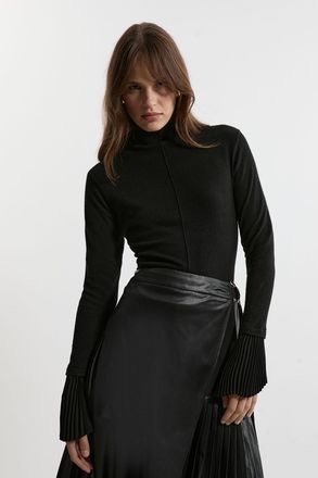 Karen Millen Womens Wool and Alpaca Blend Knit Top With Pleated Silk Woven Cuffs - Black - Size X-Small