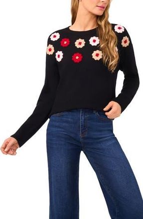 CeCe by Cynthia Steffe Embroidered Flower Sweater in Rich Black at Nordstrom Rack, Size X-Small