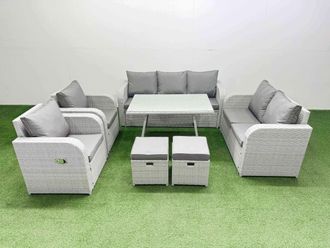 Fimous Outdoor Rectangular Table Sofa Set with Reclining Chair 2 Small Stool in Light Grey