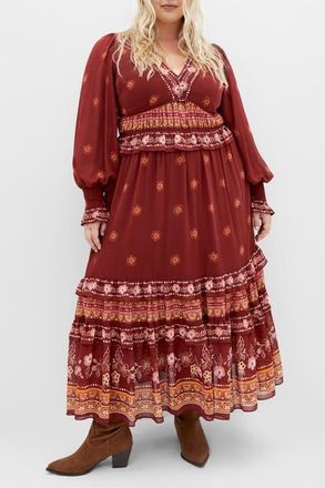 City Chic Cameron Long Sleeve Maxi Dress in Orange Print at Nordstrom, Size Xxs