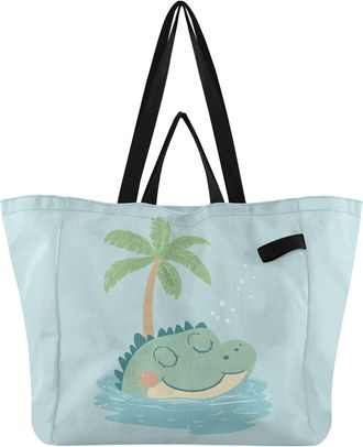 Generic Green Alligator Palm Tree print Reusable Canvas Tote Bag, Heavy Duty Grocery Shopping Bag with Large Capacity Double Handles Hard Bottom Work Grocerie