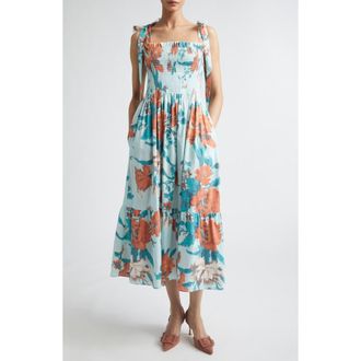 Erdem Floral Tiered Cotton Midi Sundress in Trailing Poppy Dream Blue at Nordstrom, Size 6 Us
