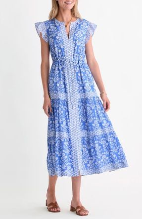 Vineyard Vines Abigail Floral Tie Waist Cotton Blend Voile Dress in Floral Breaker Blue at Nordstrom, Size Large