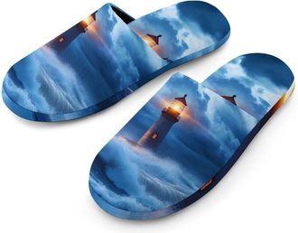 Generic Lighthouse Ocean Storm Thunder Flannel Mens Slip-on Slippers Winter Warm House Shoes with Rubber Sole for Home Hotel