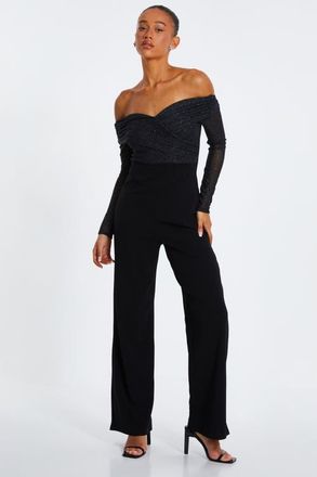 Quiz Glitter Mesh Bardot Scuba Crepe Palazzo Jumpsuit in Black at Nordstrom, Size 10