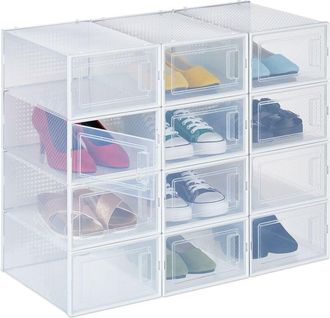 Relaxdays Relaxdays - Shoe Boxes 12 Pack, Footwear Organiser, Stackable, Plug-In, up to Size 45, with Ventilation Slots, Transparent