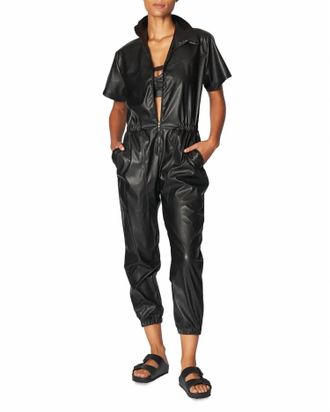 Heroine Sport Work Faux-Leather Zip-Front Jumpsuit In Black