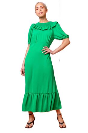 DUSK Women Frill Collar Detail Midi Dress - Ladies Spring Everyday Summer Evening Vacation Work Holiday 3/4 Sleeve Smart Casual - Green - Size 10