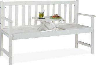 Relaxdays Banco Jardín con Mesa Integrada, 3 Plazas, Asiento Madera Resistente, Balcón o Terraza, 90x152x56 cm, Blanco - Relaxdays