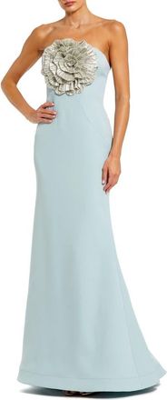Mac Duggal Strapless 3D Rhinestone Flower Detail Crepe Gown in Powder Blue at Nordstrom, Size 12