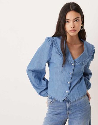 Nobody's Child Camicia aderente in denim blu con colletto