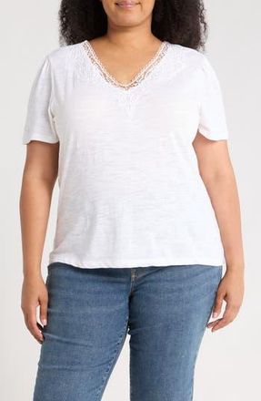 Caslon Embroidered Cutwork V-Neck T-Shirt in White at Nordstrom Rack, Size 2X