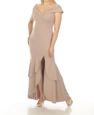 Joseph Ribkoff Off-Shoulder Tiered Hem Evening Dress In Latte
