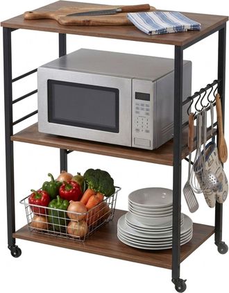Relaxdays Carrito De Cocina Relaxdays, 3 Baldas, 6 Ganchos En S, 89 X 60 X 40 Cm, Mdf Y Acero, Estilo Industrial, Marr&oacute;n/negro