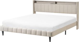 Beliani Upholestred Fabric eu Super King Size Bed 6ft with Storage Headboard with usb led Lights Beige Beaulieu