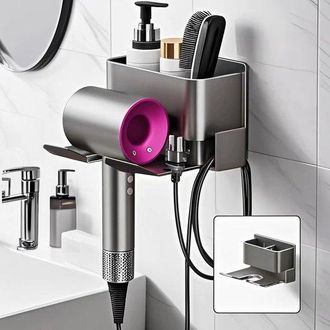 No Brand Soporte Para Secador De Pelo Sin Taladrar - Montaje En Pared - Aluminio Autoadhesivo Con Gesti&oacute;n De Cables - Soporte Para Secador De Pelo Para Ba&ntilde;o Y 