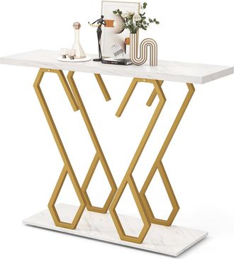 Costway Costway - Mesa De Entrada De M&aacute;rmol Artifical, Mesa Consola Moderna Blanca Con Tablero De M&aacute;rmol Artificial Y Marco De Metal, Mesa Auxiliar Para Detr&aacute;