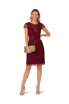 Adrianna Papell Womens Studio Bead Mesh Sheath Dress - Red - Size 10 UK