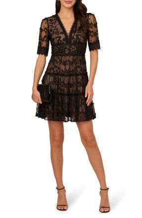 Adrianna Papell Embroidered Lace Minidress in Black/nude at Nordstrom, Size 12