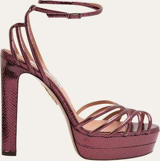 Aquazzura 130mm Wild Dream Snake-Embossed Metallic Leather Platform Sandals