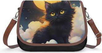 Generic Black Cat And Moon Womens Leather Crossbody Bags with Adjustable Strap Casual Printed Shoulder Handbag