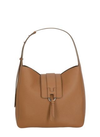 Hogan Structured Leather Hobo Bag With Embossed Logo And Tassel