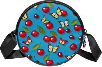 Generic Circle Crossbody Bag for Women, Cherries Butterflies Small Sling Bag Daypack with Zipper Adjustable Shoulder Straps Casual Ladies Girls Round Purse