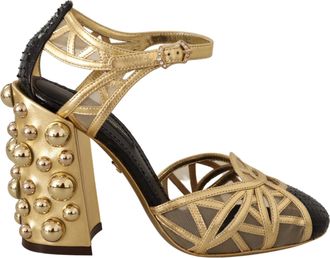 Dolce & Gabbana Zwarte Gouden Leren Ge spikeerde Enkelbandjes Schoenen