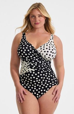 Lands End SlenderSuit Wrap One Piece Swimsuit in Black/egret Mixed Tossed Dots at Nordstrom, Size 24W