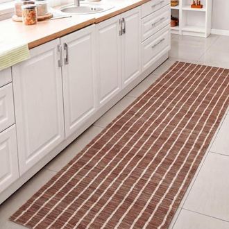 Jonathan Y Designs Orton Distressed Ticking Stripe Non-Slip Machine-Washable Rug in Brown/cream at Nordstrom, Size 2Ft 0In X 8Ft 0In