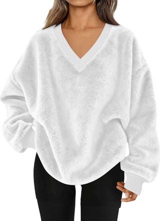 Generic Womens Fleece Tops Sherpa Fuzzy Fluffy Jumpers Flannel Long Sleeve V Neck Sweatshirts Casual Loose Thermal Sweater Ladies Soft Plush Thicken Pullover 